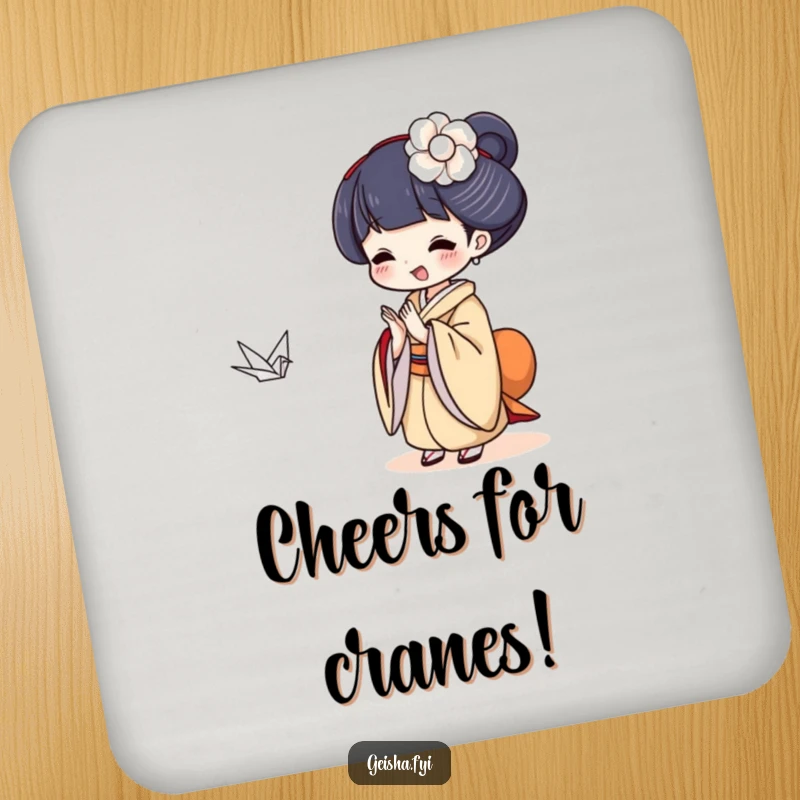 Funny Geisha clapping at a tiny paper crane, humorous and functional drink coaster.
