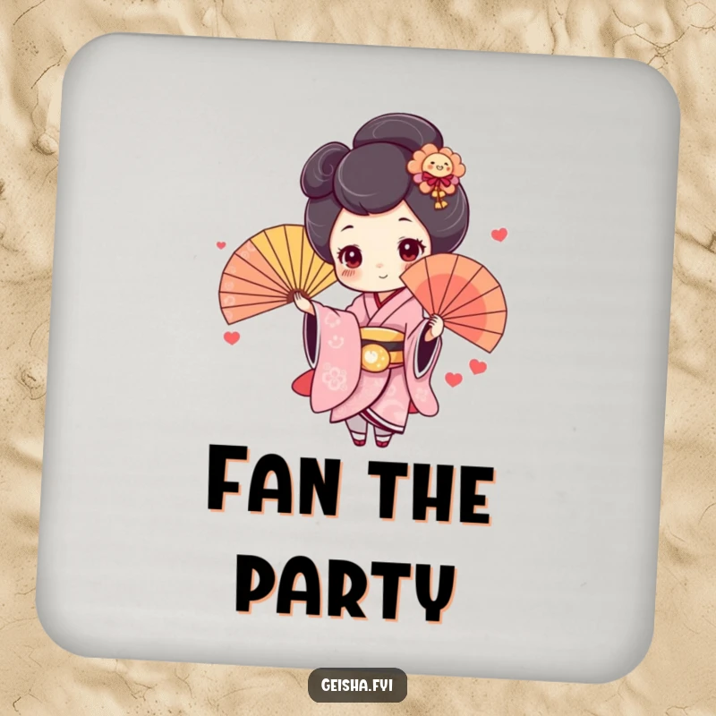 Funny Geisha Coaster: Cute character with rosy cheeks joyfully throws a colorful fan, a small but humorous protective accessory.