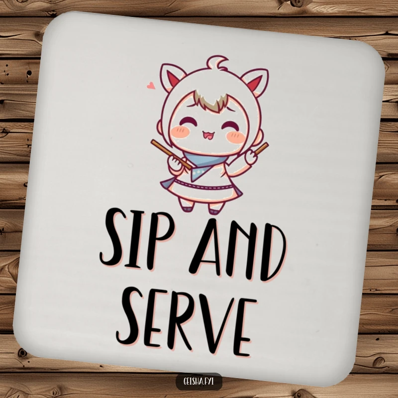 Funny Drink Coasters: A set featuring a smiling bento box character juggling chopsticks, perfect for adding culinary humor to tabletops.