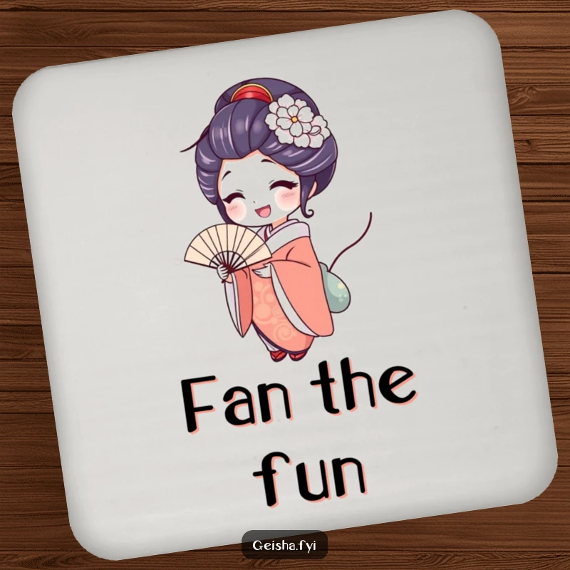 Funny geisha drink coaster with a woman with a delighted expression holding an elegant fan, protecting surfaces with sophisticated joy and grace.