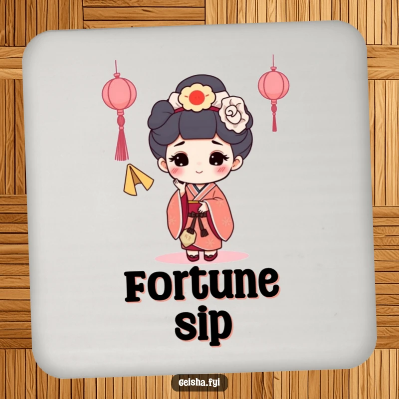 Funny Fortune Cookie Geisha Drink Coasters: Coasters featuring a geisha character happily tossing a fortune cookie.
