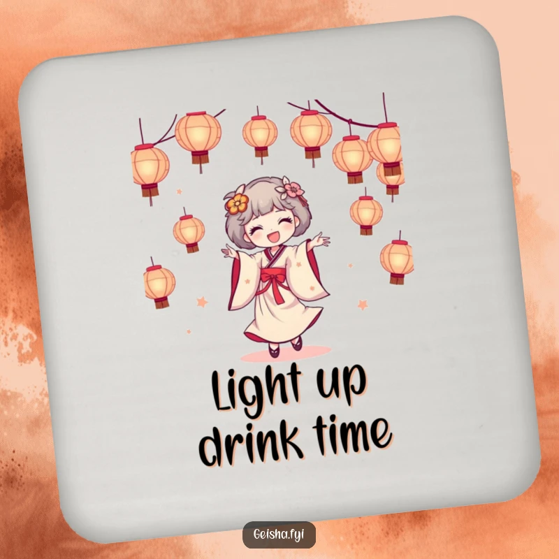 Funny geisha coaster depicting a geisha character joyfully dancing with a cascade of illuminated paper lanterns, a decorative and functional item.