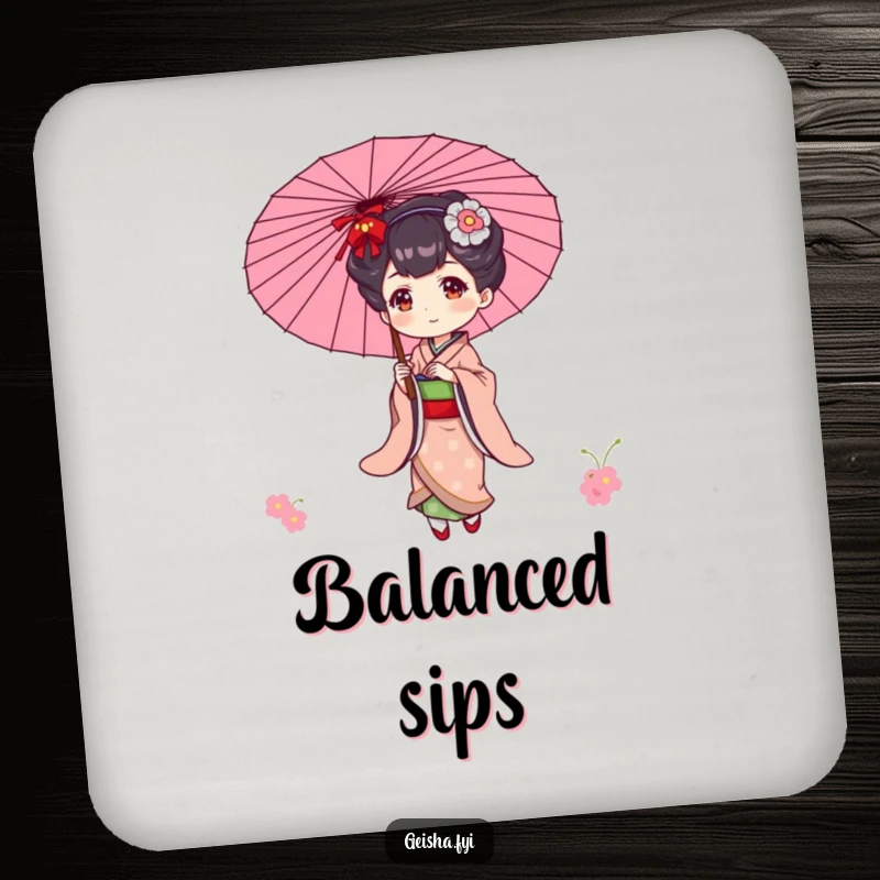 Funny drink coaster showcasing an elegant geisha character playfully balancing a parasol, adding refined charm.