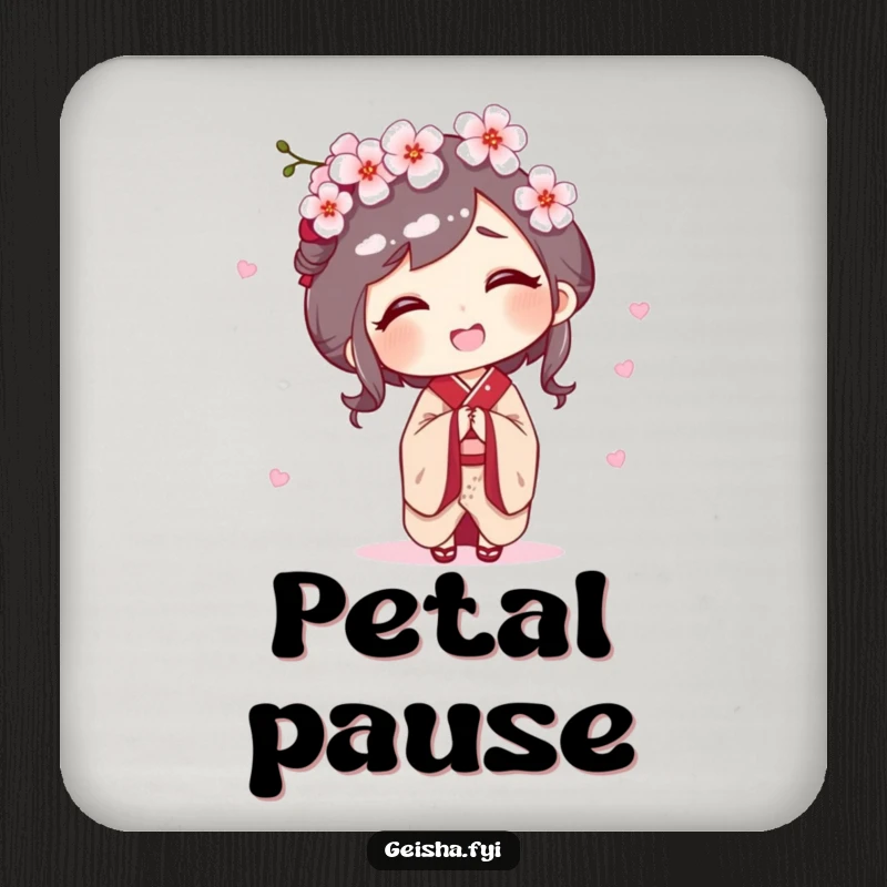 Funny drink coaster showcasing a geisha character giggling as a cherry blossom gently falls on her head, adding charm.