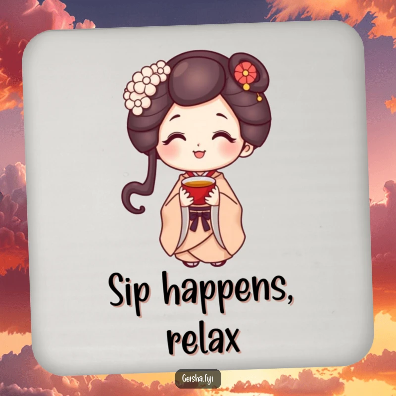 Funny geisha character with a sweet smile offering a tiny cup of tea on a protective drink coaster.