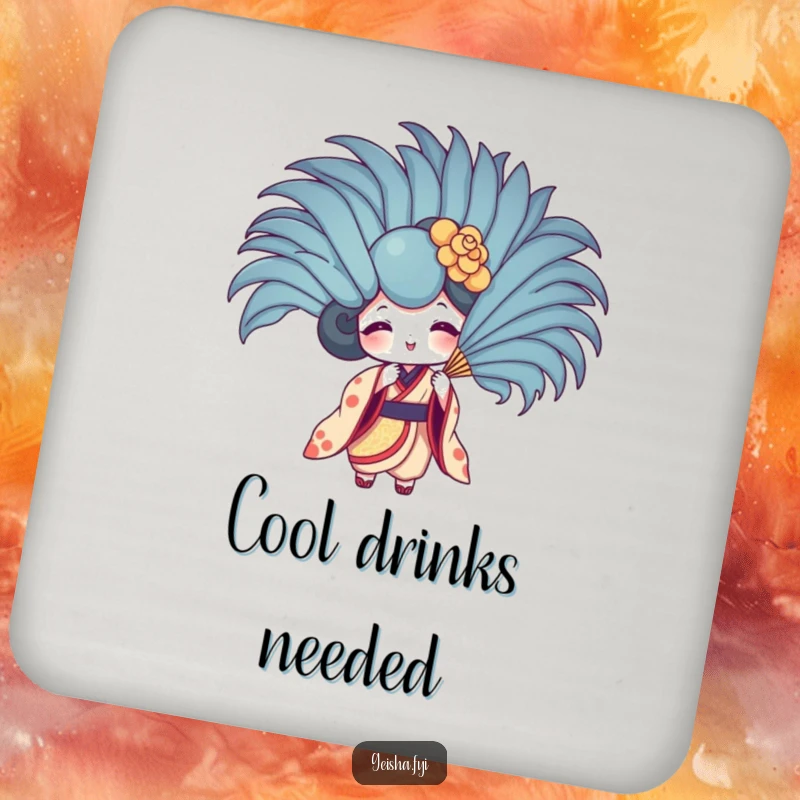 Funny geisha fan drink coaster showing character fanning with a giant feather. Playful, practical, and decorative.
