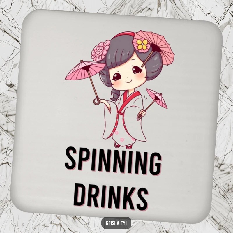 Funny geisha drink coasters, a mischievous geisha juggles three umbrellas, protecting surfaces with humor.