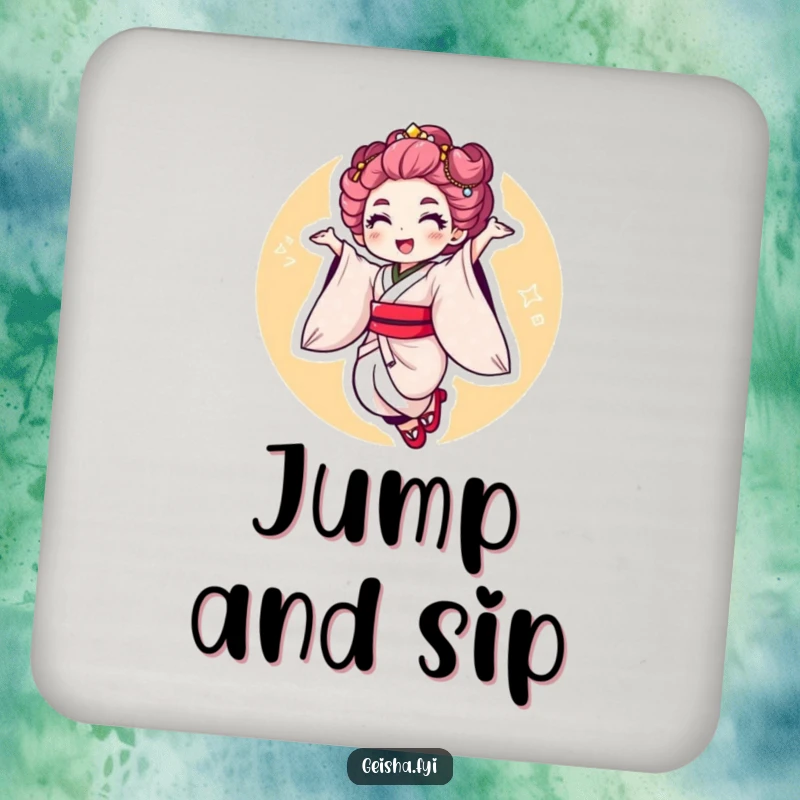 Funny Geisha Jump Drink Coaster: a character making an energetic jump with a flourish, adding style and protection.
