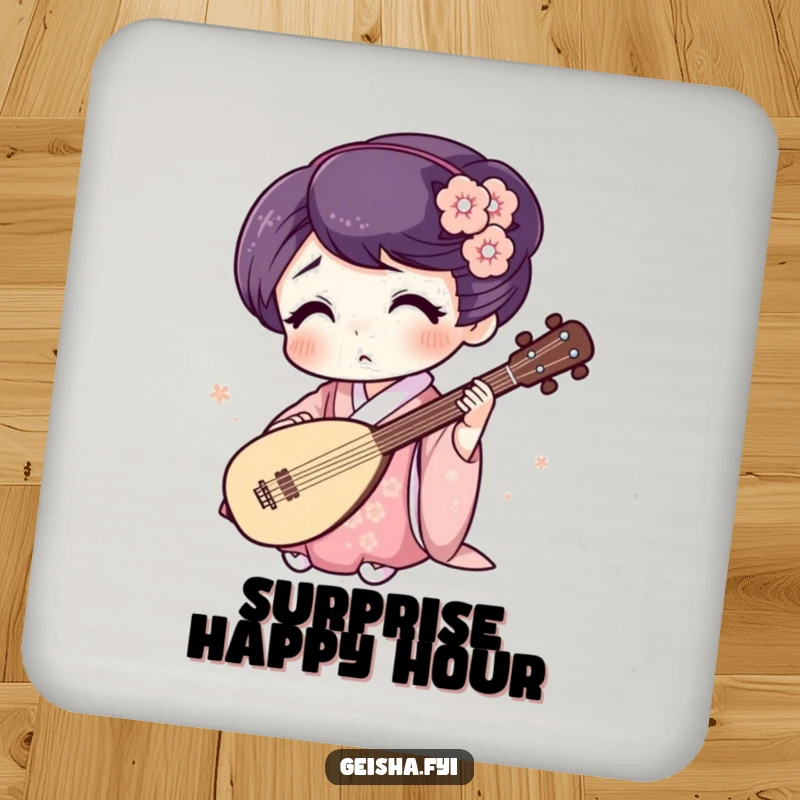 Funny Geisha Coaster: Surprised character plays a tiny shamisen, a small but humorous protective accessory.