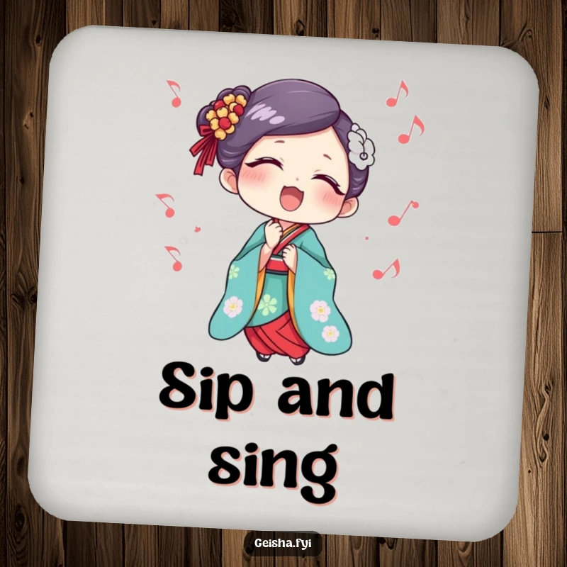 Funny Geisha Coaster: A coaster featuring a geisha singing with delight and musical notes, adding a melodic touch to your drinks.