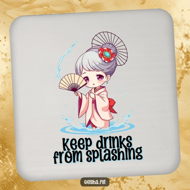 Funny Geisha Splashing Coaster, a character playfully tossing water with a fan, adding playful water fun to tabletops.