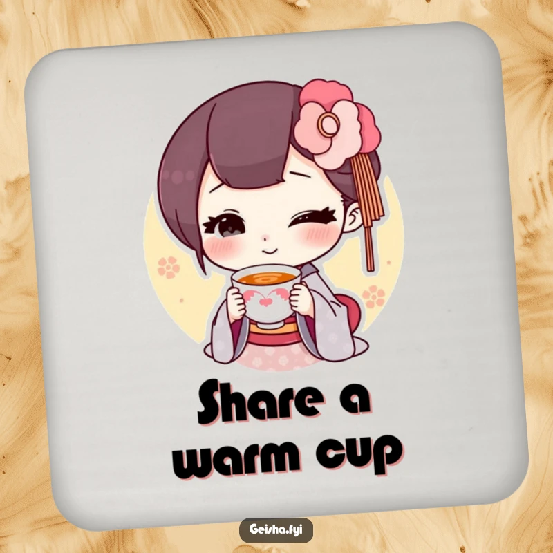 Funny geisha offering a tiny smiling teacup drink coaster, charming art, practical humor, excellent funny gift.