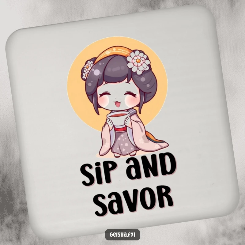 Funny Geisha Coasters: Set of coasters featuring a geisha character holding a tiny teacup.