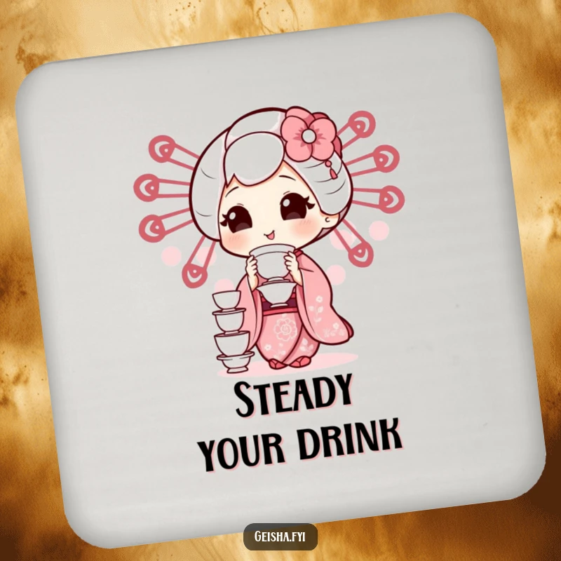 Funny geisha character humorously balancing tiny teacups, protecting surfaces with charm on these coasters.