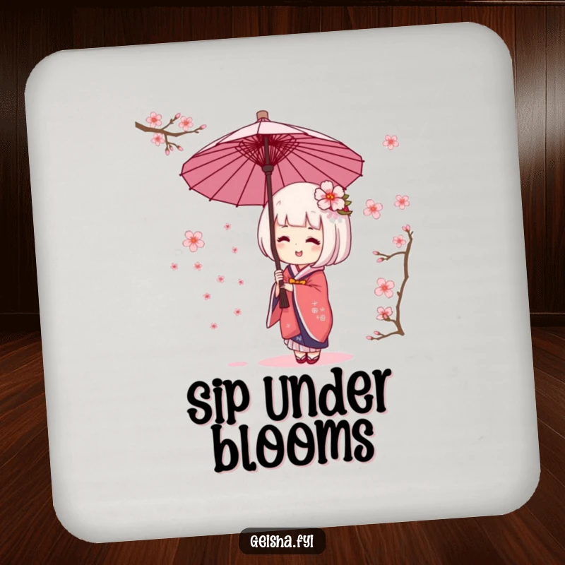 Funny geisha umbrella drink coaster featuring character giggling while catching cherry blossoms. Whimsical, practical, and decorative.