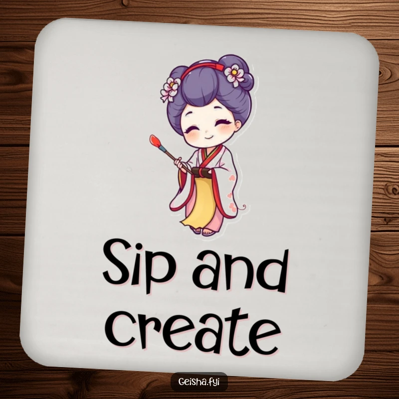 Funny coaster with a joyful geisha character painting on a tiny scroll, protecting surfaces with artistic humor, a great bar gift.