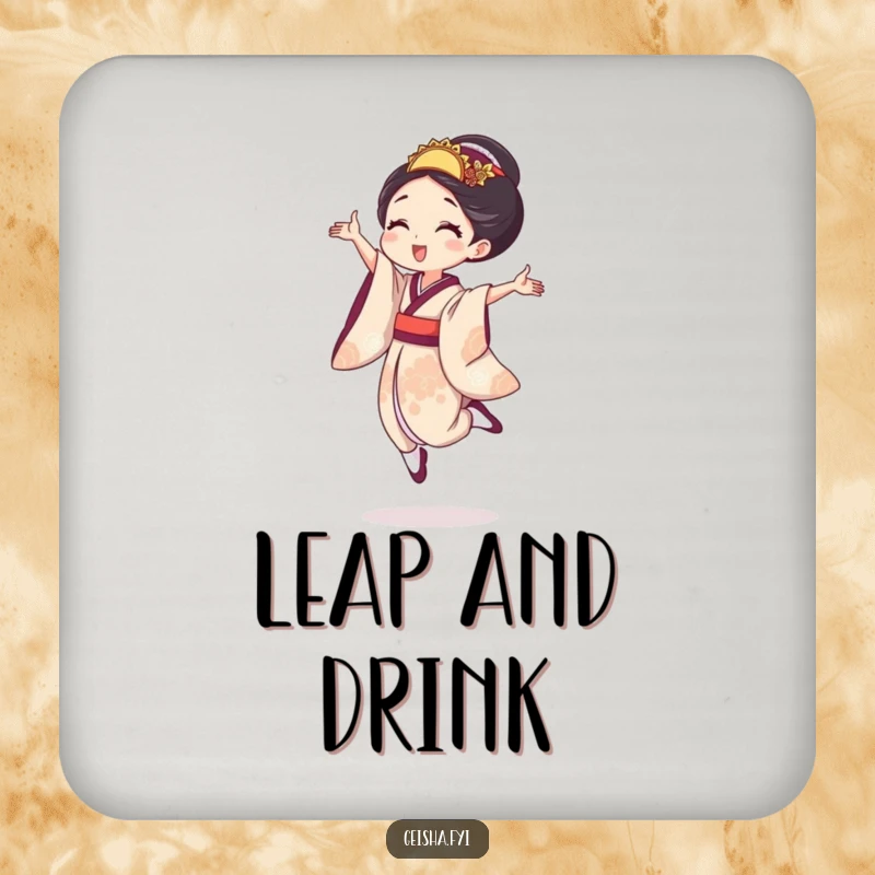 Funny geisha drink coaster with a woman in a tiny, joyful leap, protecting surfaces with playful energy and cheerful dynamism.