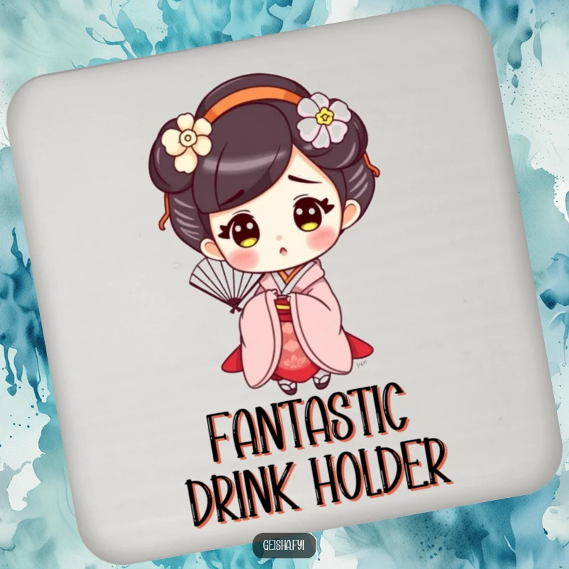 Funny Surprised Geisha Coaster, a cute character with a fan, showing a surprised expression, adding elegant humor to tabletops.