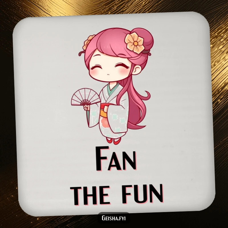 Funny geisha coaster featuring a winking character waving a fan, a humorous and protective table accessory.