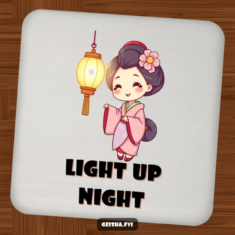 Funny geisha drink coaster with a smiling woman holding a brightly glowing lantern, protecting surfaces with warm light and cheerful humor.