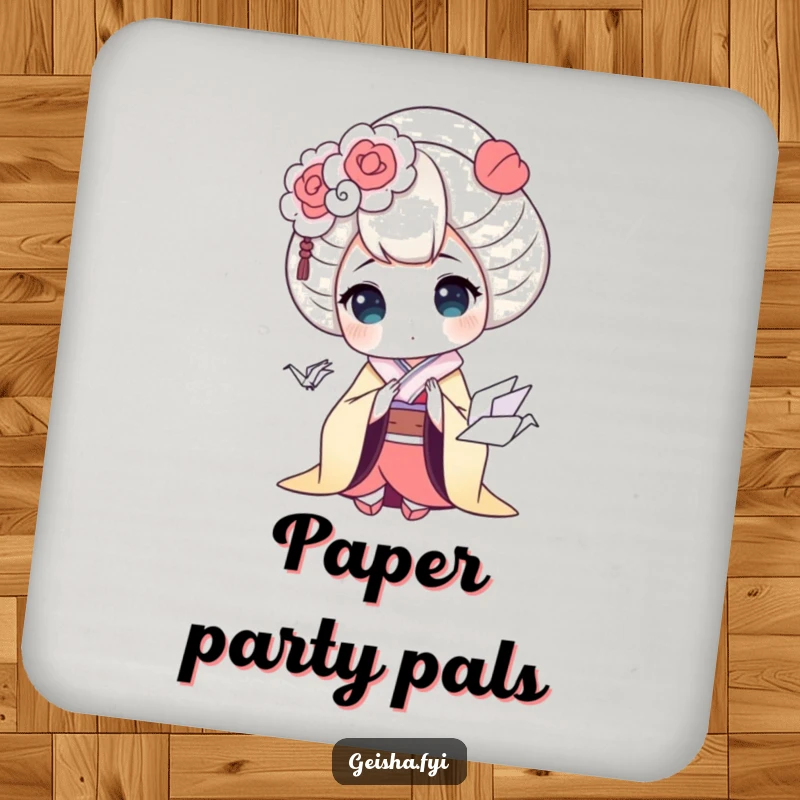 Funny geisha coaster showing a geisha character comically surprised by a small, cute origami crane, a humorous and functional item.