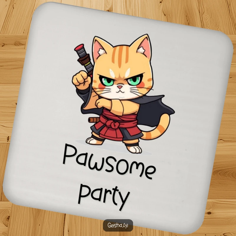 Funny Drink Coasters: A set featuring a determined cat samurai striking a dramatic pose, perfect for adding warrior-themed humor to tabletops.