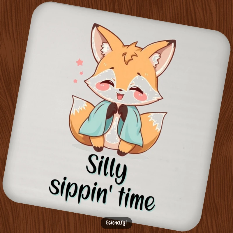 Funny delighted fox character coaster playfully fumbling with silk sleeves, adds charm and protects table surfaces.