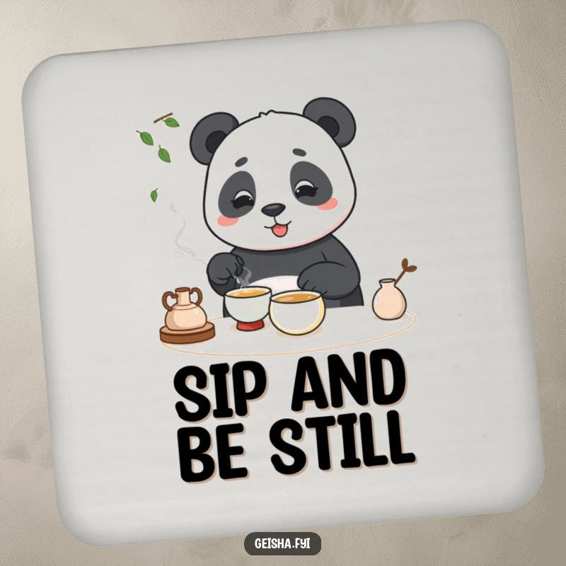 Funny drink coasters with a panda hilariously failing at a tea ceremony, protecting surfaces with humor.