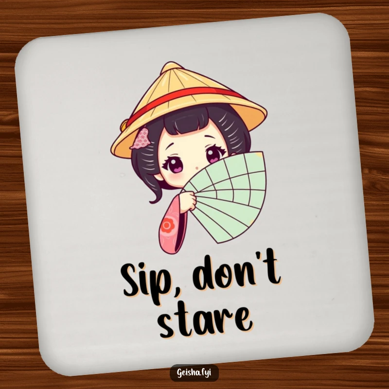 Funny Geisha Fan Drink Coasters: Coasters featuring a geisha character in a traditional hat peeking from behind a fan.