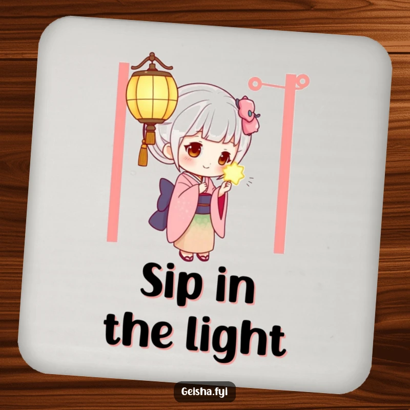 Funny geisha coaster featuring a curious geisha admiring a glowing lantern, a humorous and protective accessory.