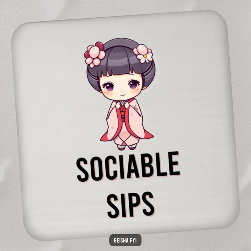 Funny geisha drink coasters, a geisha bows gracefully with a cheerful expression, adding elegance and humor.