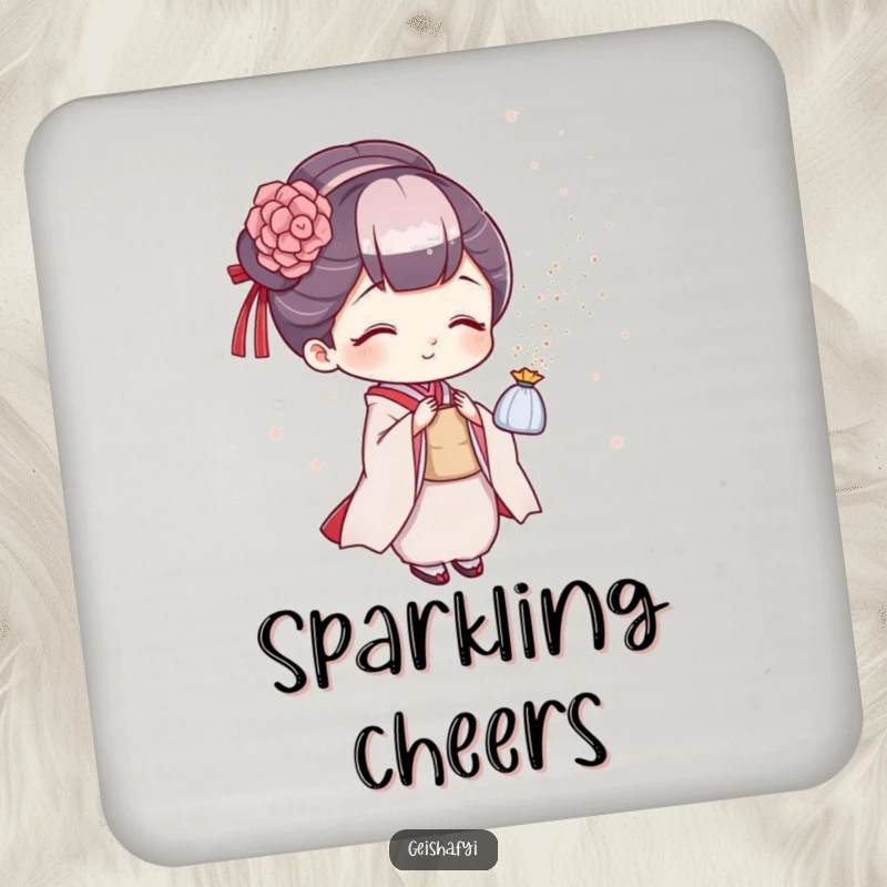 Funny geisha coasters, chic protection featuring a character playfully sprinkling glitter, perfect for humorous table decor.