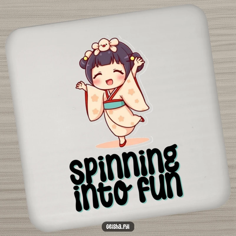 Funny geisha doll drink coaster featuring character doing a cartwheel with a delighted expression. Playful, practical, and decorative.