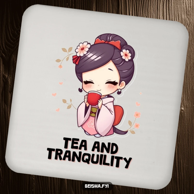 Funny drink coaster with a smiling geisha character elegantly sipping tea, adding refined charm to any table.