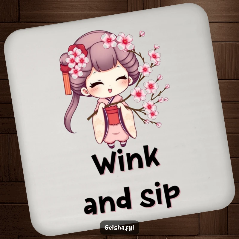 Funny geisha drink coaster featuring a charming geisha winking while holding a cherry blossom sprig, adding decorative humor.
