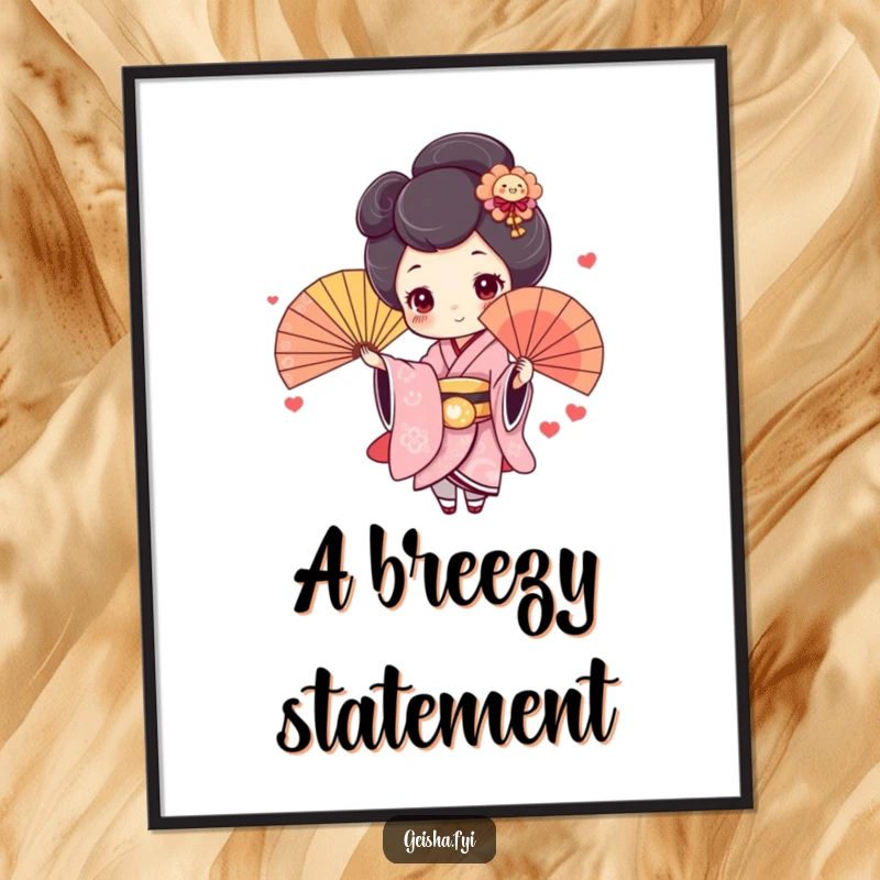Funny Geisha Poster: Cute character with rosy cheeks joyfully throws a colorful fan, vibrant and humorous wall art.