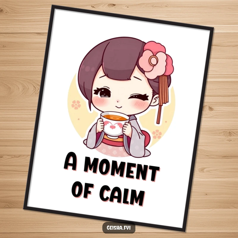 Funny geisha offering a tiny smiling teacup poster, delicate artwork, humorous and serene, perfect funny gift.