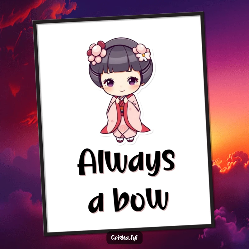 Funny geisha poster, a geisha bows gracefully with a cheerful expression, bringing elegance and humor to wall decor.