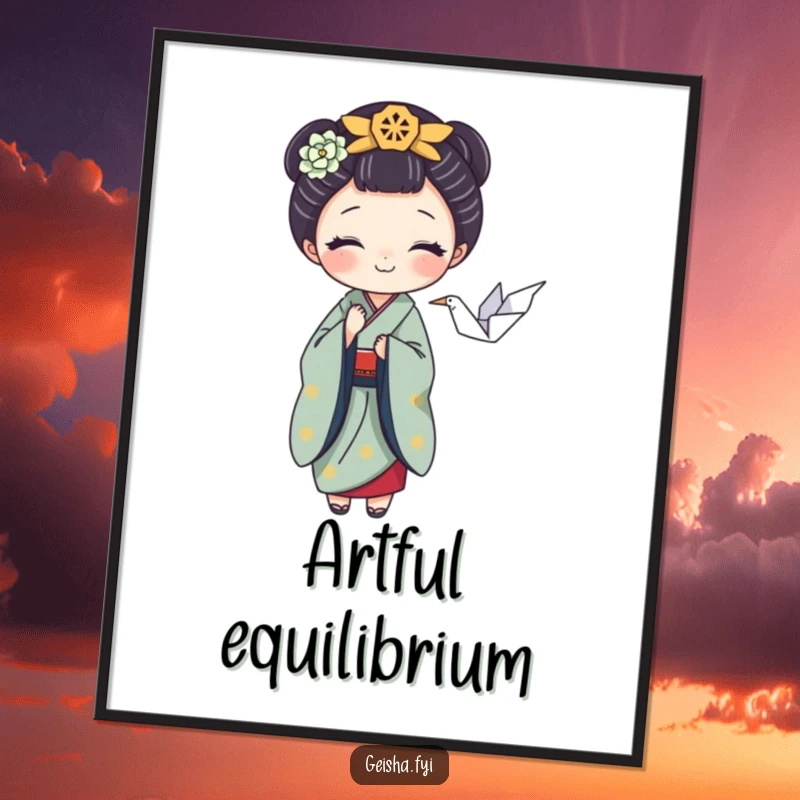 Funny poster of a playful geisha character balancing a tiny origami crane, celebrating art and humor, perfect wall art.