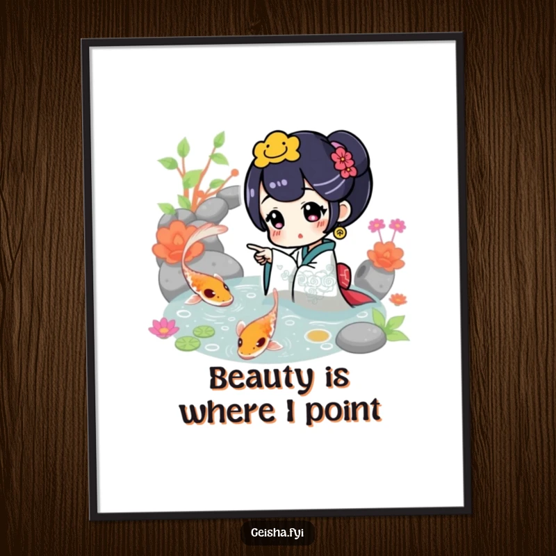 Funny Poster: A geisha character excitedly points at a vibrant koi fish in a pond, creating a serene and beautiful visual.