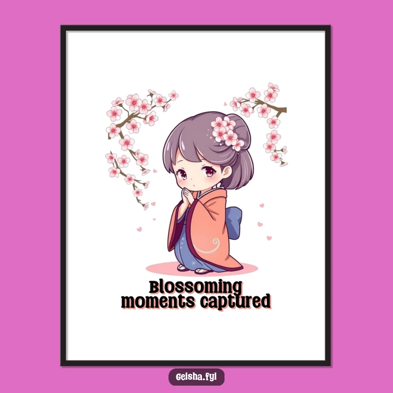 Graceful Geisha Bowing Poster: Cherry Blossom Art, Serene Wall Decor Gift