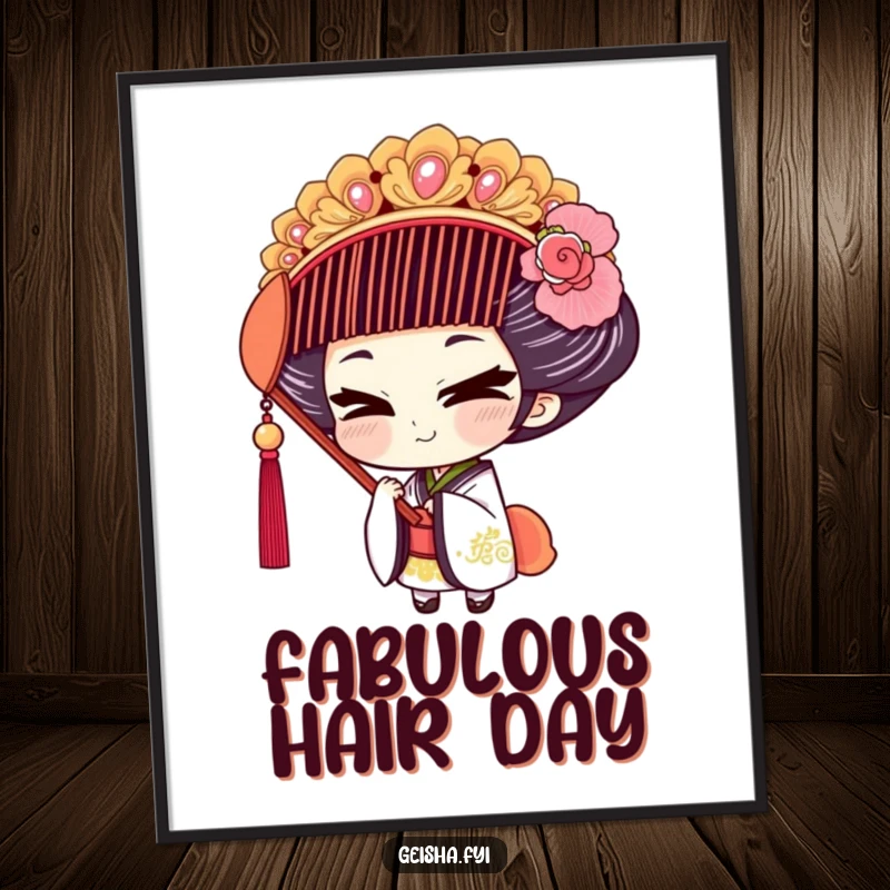 Funny Geisha Poster: Art featuring a mischievous geisha character trying on an oversized, ornate comb.