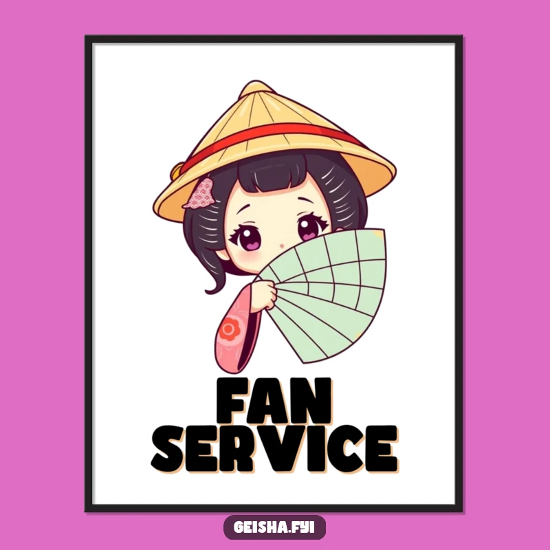Funny Geisha Fan Poster: Elegant Art of a Traditional Hat Character Peeking