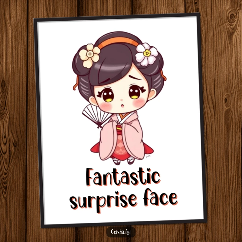 Funny Surprised Geisha Poster, a cute character holding a fan, showing a comical surprised expression, adding elegant humor to art.