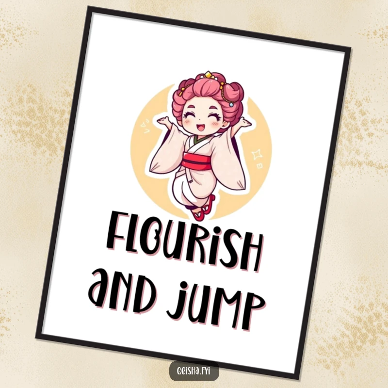 Funny Geisha Jump Poster: a vibrant depiction of a character performing an energetic jump with a dramatic flourish.