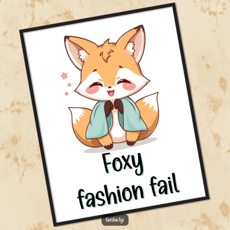 Funny delighted fox character poster playfully fumbling with silk sleeves, conveying joy and whimsical elegance, ideal for decor.