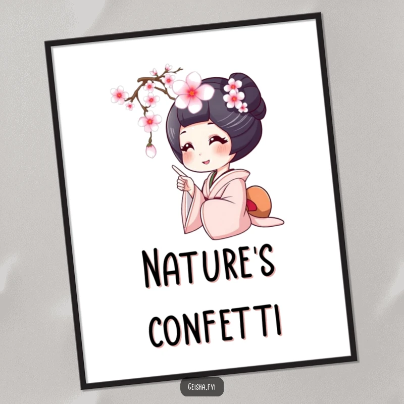 Funny geisha poster, a geisha with a wide smile points at a falling cherry blossom, adding joy and art.