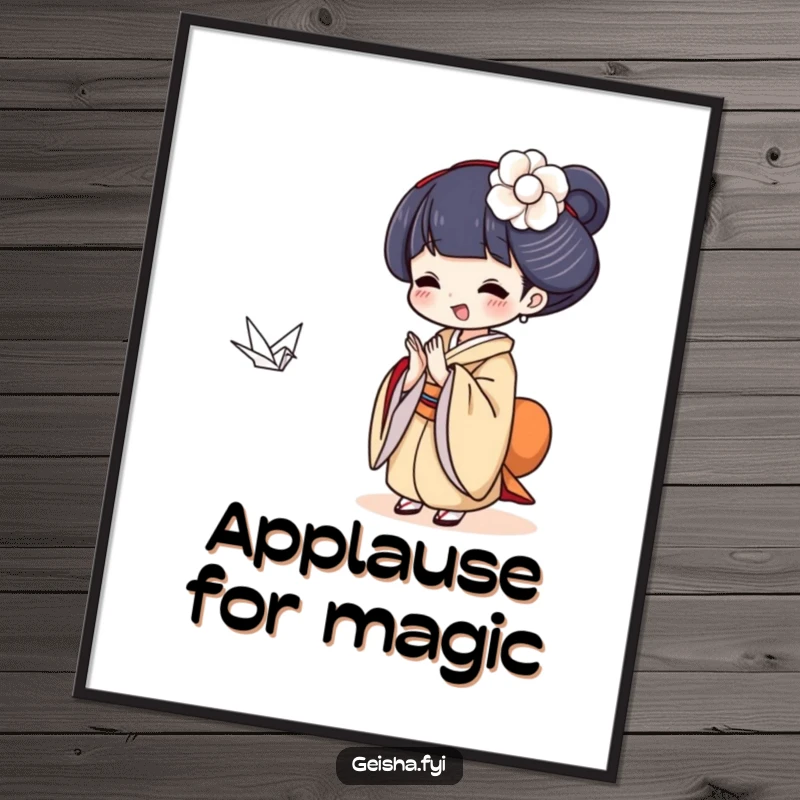 Funny Geisha clapping delightedly at a tiny paper crane, humorous and joyful wall art.