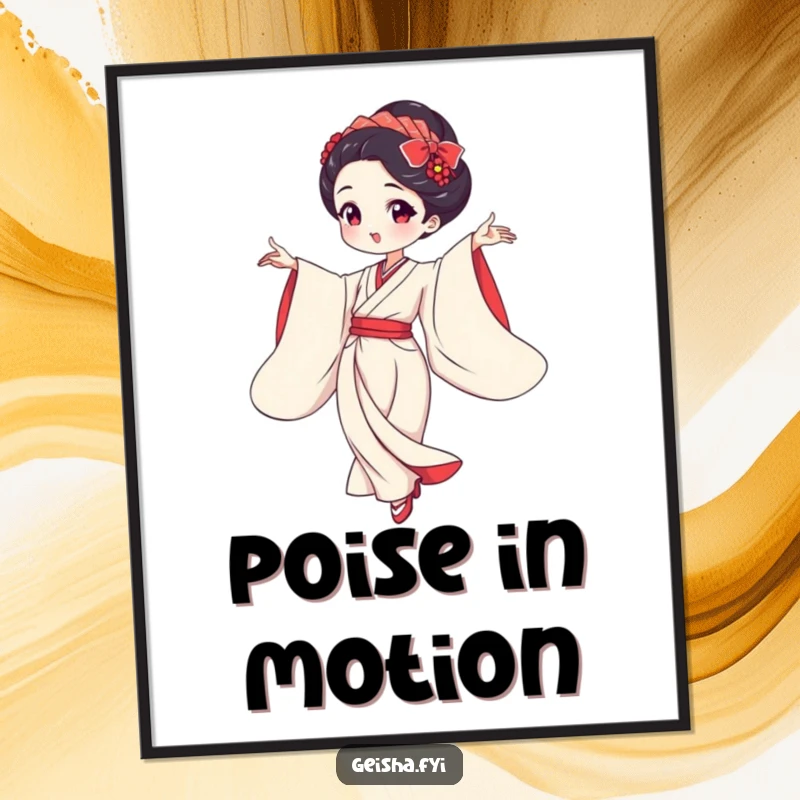 Funny geisha dancing gracefully with flowing sleeves poster, elegant artwork, humorous depiction, perfect funny gift.