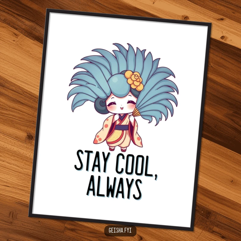 Funny geisha fan poster of character using an oversized feather fan. Playful, whimsical, and humorous wall art.